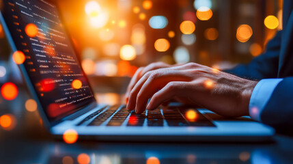 A close-up of a programmer’s hands typing code on a laptop, with colorful bokeh lights in the background. The image represents technology, software development, and the fast-paced digital world.