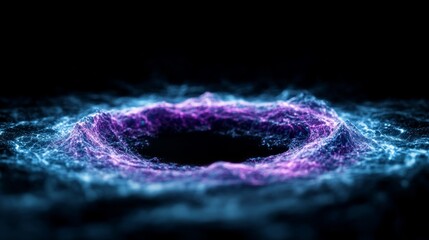 Abstract representation of quantum entanglement interacting with AI algorithms, glowing in digital blue and purple, with a dark empty space for text 