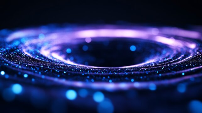 Abstract fusion of quantum computing particles and AI code streams, swirling together in vibrant blue and purple light, with empty space for text on a dark backdrop 