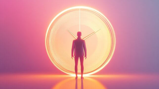 A surreal representation of time with a silhouette against a glowing clock, symbolizing the passage and significance of time.