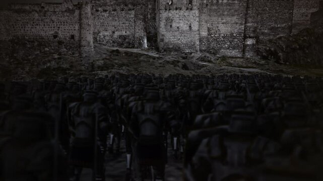 Medieval Army Marching Towards a Fortress Walls