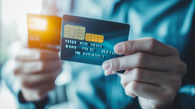 A close-up of hands holding two credit cards, illustrating online payment, financial transactions, and consumer spending.