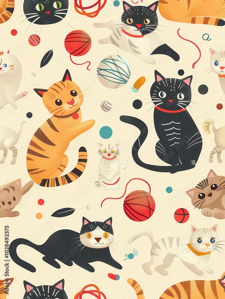 Poster a delightful group of cats is engaged in playful activities with yarn and balls, showcasing their li