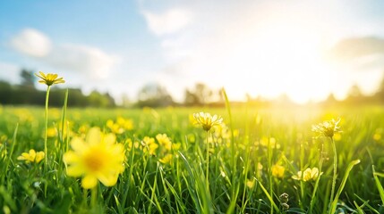 Sunshine breaking through the clouds over a blooming meadow, mixed weather, renewal