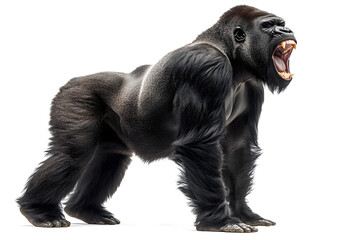 Strong gorilla roaring and standing isolated on white background