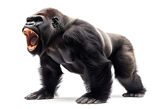 Strong gorilla roaring and standing isolated on white background