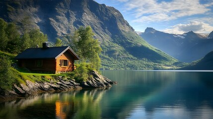 Fototapeta premium 144. An isolated cabin by a tranquil lake, surrounded by mountains