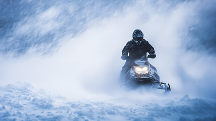 A snowmobile rider speeding through a blizzard with heavy snow and wind creating a dramatic intense atmosphere.