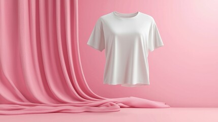 A clean, white t-shirt showcased against a soft pink background with draped fabric. Ideal for fashion branding and presentations.