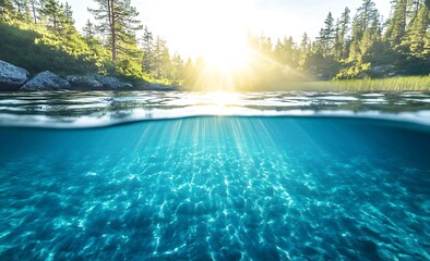 Underwater view of a river, with fish swimming in it