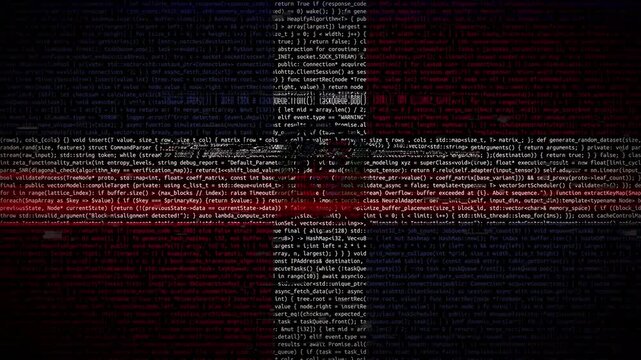 Binary code on flag of Dominican Republic. Program source code or Hacker concept on Dominican Republic flag. Dominican Republic digital technology security, hacking or programming