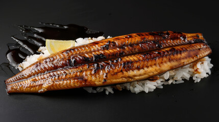 Grilled eel served on bed of sushi rice, garnished with lemon and drizzled with sauce, creates delicious and visually appealing dish