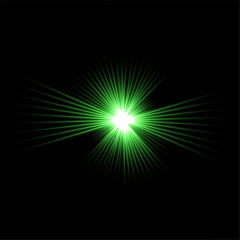 Light flash with sparkle, glare, glint effect isolated on black. Green colorful glow glared abstract star. Bright sparkling vector illustration. Flash of light with ray beams in space.