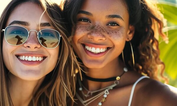 Two women are smiling and wearing sunglasses Video