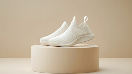 A stylish pair of white knitted sneakers showcased on a minimalist pedestal against a neutral background, emphasizing modern design.