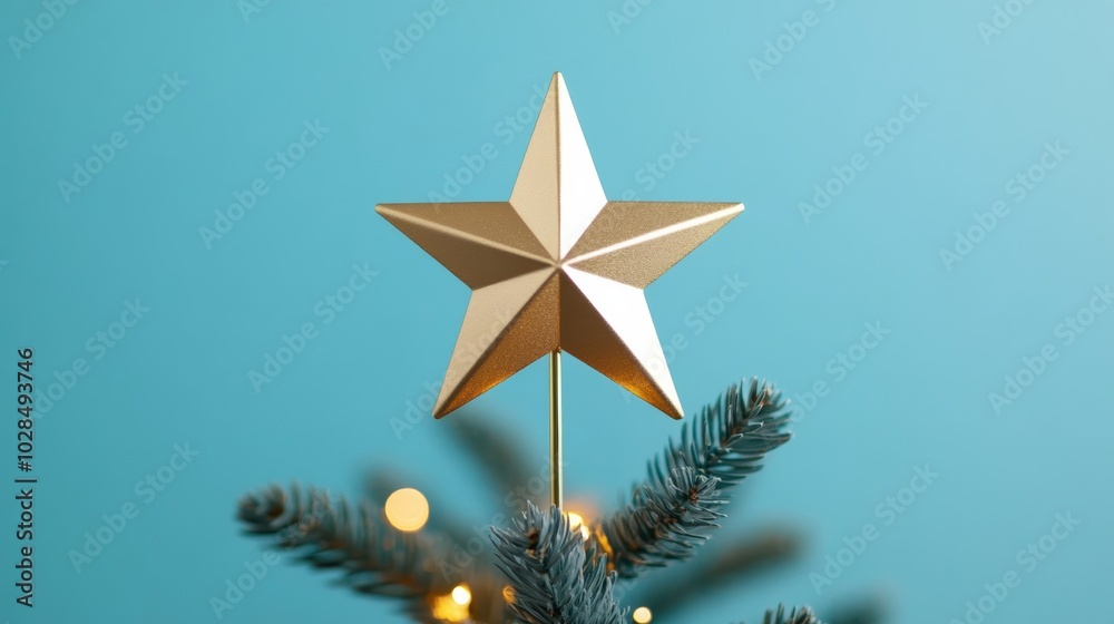 Poster Delicate pastel Christmas star tree topper in soft gold, glowing softly at the top of a pastel-decorated tree, with twinkling lights below 