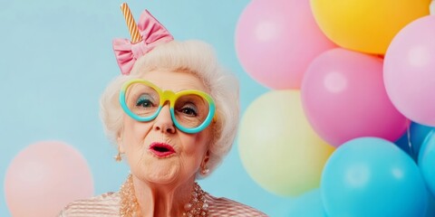 Woman is smiling and blowing out candles on a birthday cake. cake is decorated with colorful balloons, woman is surrounded by them. grandmother celebrating its birthday party against pastel background
