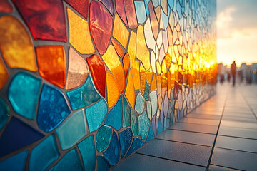 A colorful mosaic wall with a blue and red tile design. The wall is surrounded by a sidewalk and a few people are walking by
