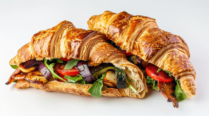 Delicious croissant sandwiches filled with grilled vegetables, fresh greens, and vibrant tomatoes, perfect for satisfying meal or snack