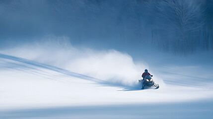 A snowmobile speeding through a wide-open snowy field leaving a trail of powder in its wake.