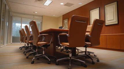 Brown leather office chairs around a wooden table in a meeting room.