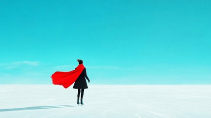 Fototapeta premium Graceful skater in a vibrant red scarf glides joyfully across a frozen lake under a clear azure sky 