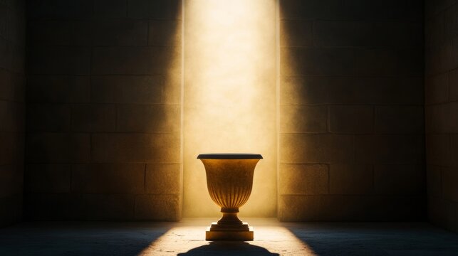 Gentle light pouring through a crematory window, illuminating an urn on a pedestal, symbolizing peaceful remembrance and eternal rest 