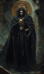 Naklejka premium Dark figure in a black robe with a sword.