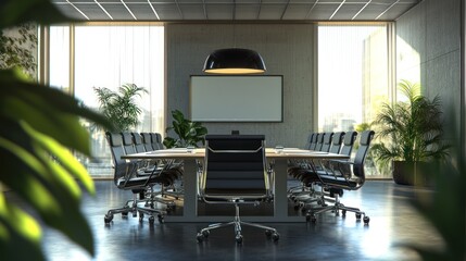 Modern Office Conference Room with Empty Chairs and a Blank Screen