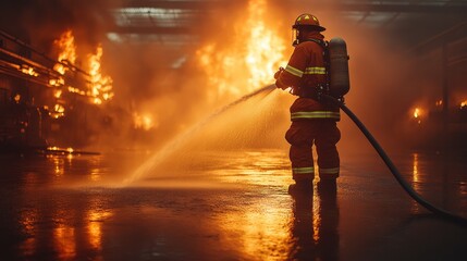 Firefighter is spraying water on a fire. is intense and dangerous, with firefighter risking his life to put out flames. Firemen spraying high pressure water or suitable extinguishing agents to fire