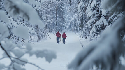A snowshoeing couple walking through a silent forest snow hanging heavily on the tree branches.