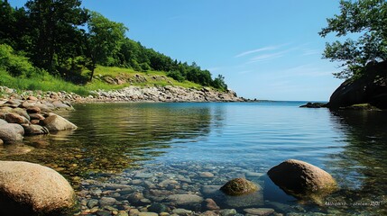 134. A tranquil shoreline with rocks and calm waters, under a clear sky