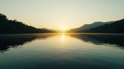 Fototapeta premium Hazy sunset over a calm river, humid weather, golden hour light