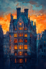 Fototapeta premium A large building with a clock on the front. The building is lit up with orange and yellow lights