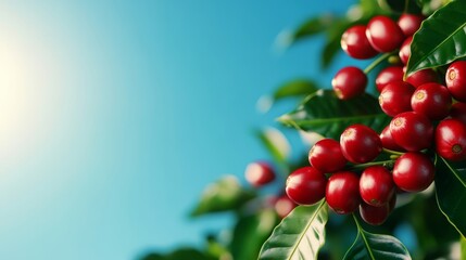 Obraz premium Lush coffee tree with ripe red coffee cherries hanging from its branches, vibrant green leaves glowing in the sunlight, set against a clear blue sky 