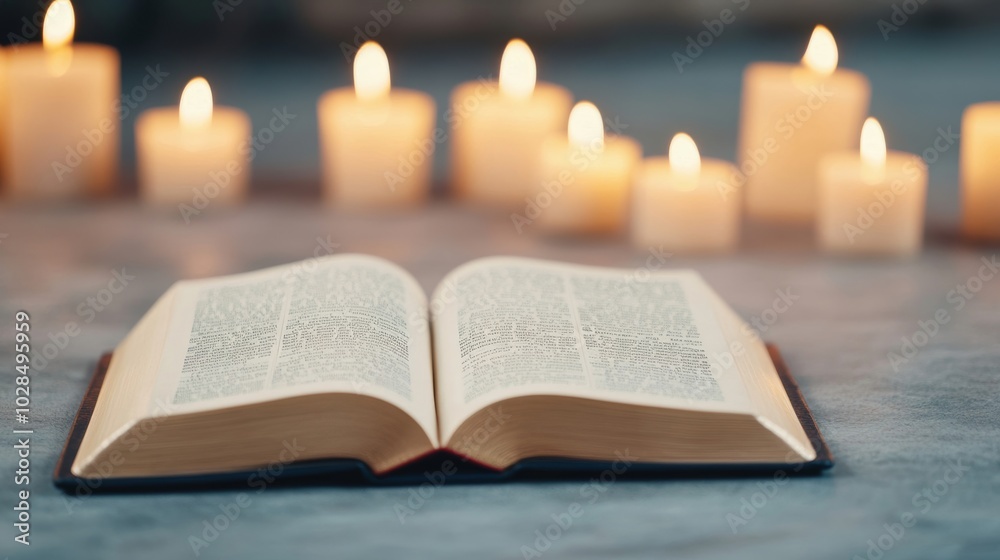 Poster Open book with sacred texts from various religions, pages gently turning, surrounded by candles and soft golden light, representing global faiths 