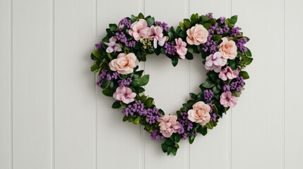 Pastel heart-shaped wreath made of soft pink, lavender, and mint flowers, hanging on a white door, perfect for Valentine&rsquo;s Day decorations 