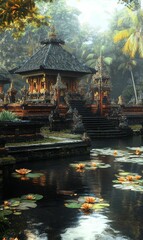Fototapeta premium Ancient temple in lush jungle by pond with lily pads.