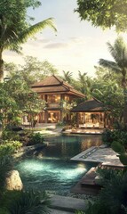Fototapeta premium Tropical villa with pool and lush greenery.