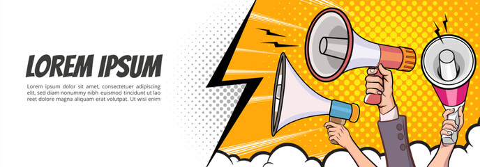 Hand holds megaphone bullhorn in retro pop art comic style  Loudspeaker Business banner