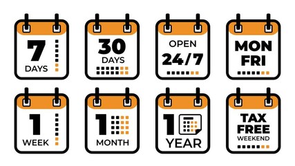 Animated time icons that visually represent various timeframes and special promotional events such as taxfree weekends specifically. Open 24 hours, month, year, week calendar. Orange black flat icons