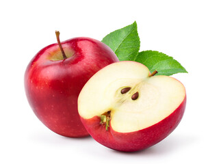 Red apple fruit with cut in half isolated on white background. Clippng path.