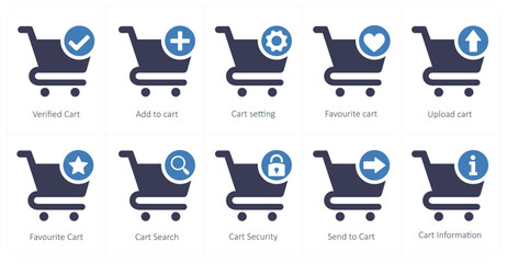 A set of 10 cart icons as verified cart, add to cart, cart setting