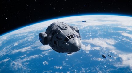 Sleek spaceship docking at an orbital station, massive Earth below, with blue atmospheric glow and futuristic space traffic in the background 