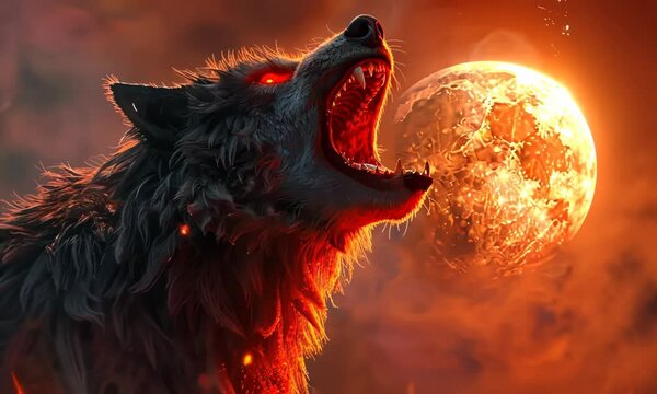 A wolf with glowing red eyes is standing in front of a red moon Video