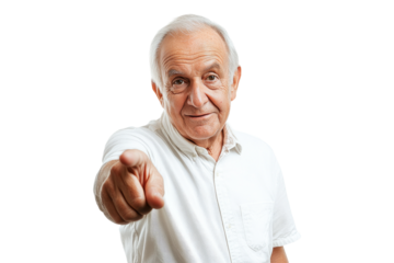 Portrait of an elderly man pointing forward with a welcoming gesture on a transparent background