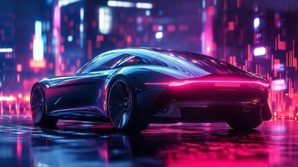 Fototapeta premium Futuristic sports car on neon-lit city street.