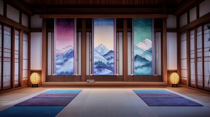 Fototapeta premium Traditional Korean meditation room with vibrant mountain paintings and serene decor