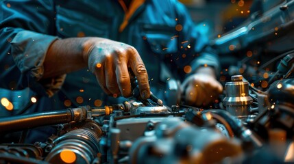 Expert Mechanic Working Diligently on an Engine with Precision and Skill in a Busy Workshop