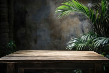 Old wood table with blurred concrete block wall in dark room background. with generative ai